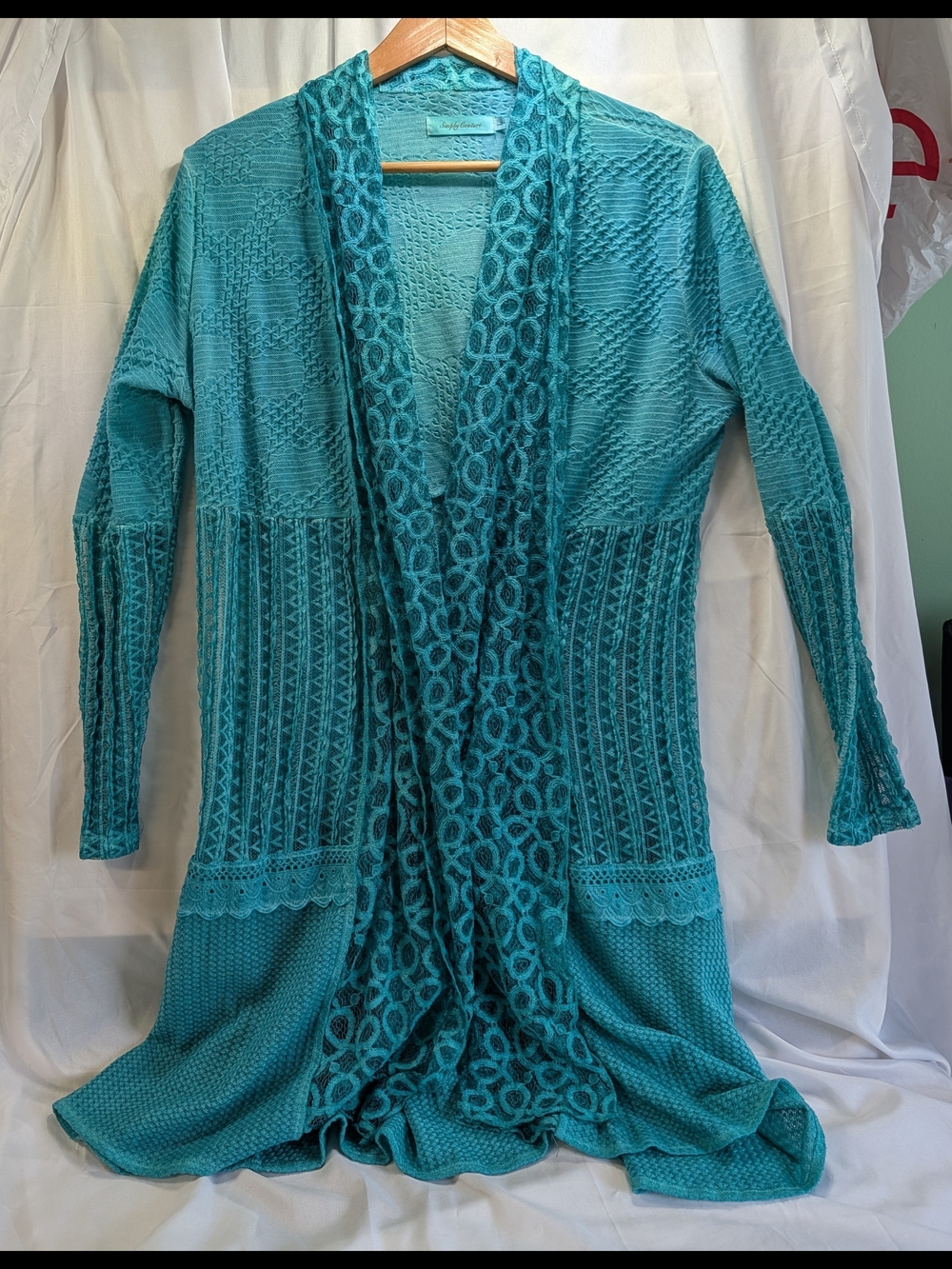 Simply Couture Teal Open-Front Lace Knit Cardigan Size L